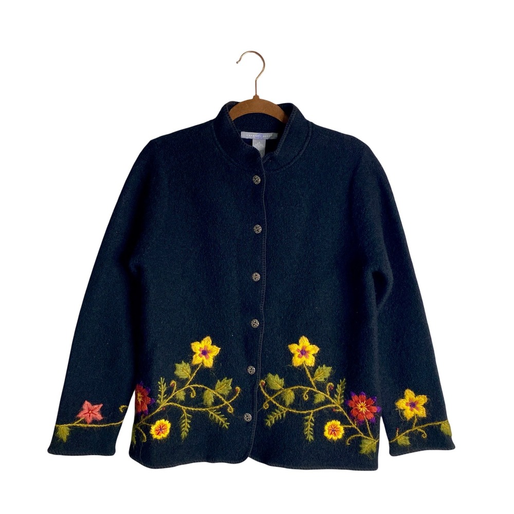 Vintage Wool Cardigan Jacket Floral Embroidered Cottagecore Boho S Black k